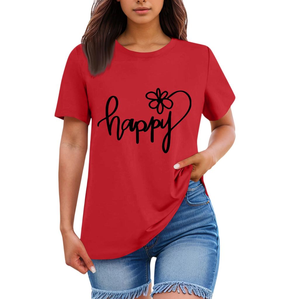 Ladies' Loose Comfortable Casual Fashionable “Happy”Character Printed Round Neck Short Sleeved Shirt