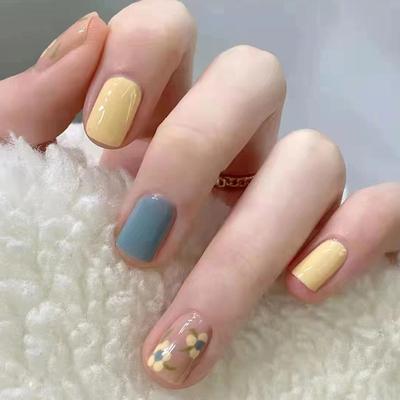 Uñas Artificiales Parches de Manicura Cortos, Flores Amarillas de Ganso, Frescas y Populares, Uñas Portátiles