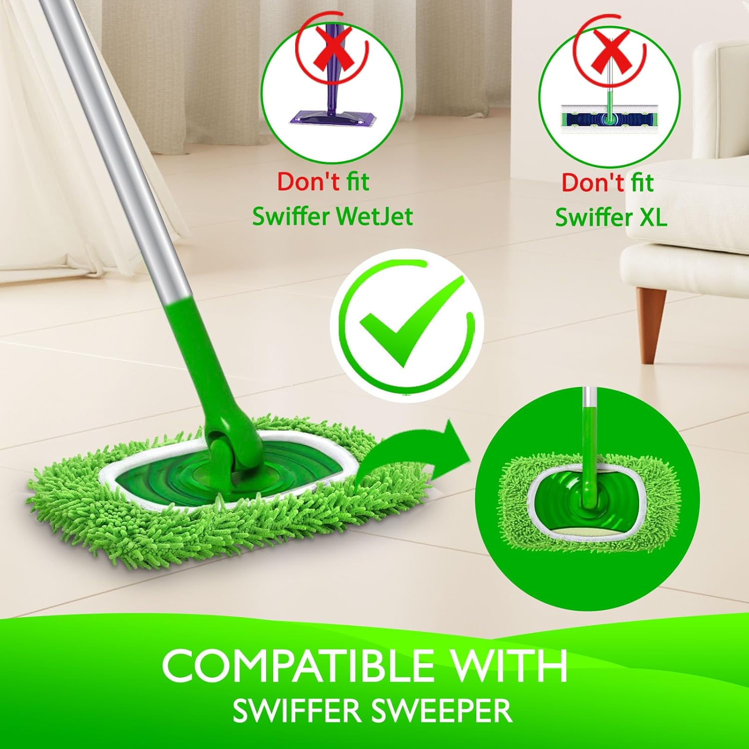 Reusable Microfiber Mop Pads Compatible with Swiffer Sweeper- 4 Pack Dry Sweeping Cloths & Wet Mopping Cloths - Washable Wet Pads Refill for Mopping