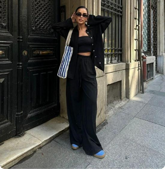 2024 Damen Einfarbig Einreihig Langarmhemd & Weitbein Hosen mit Bindegürtel Set