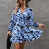Women's Summer Casual Fashion V Neck Ruffle Waist Floral Print Midi Dress