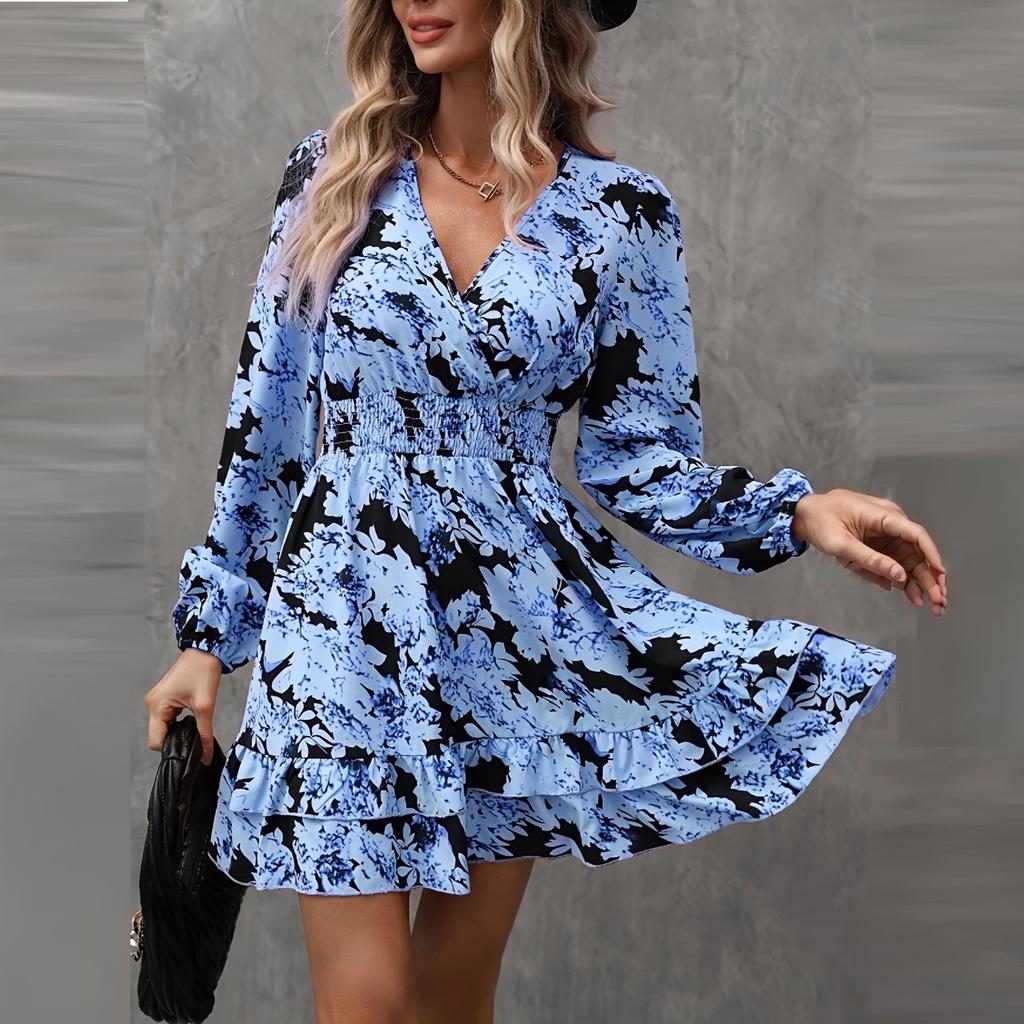 Women's Summer Casual Fashion V Neck Ruffle Waist Floral Print Midi Dress