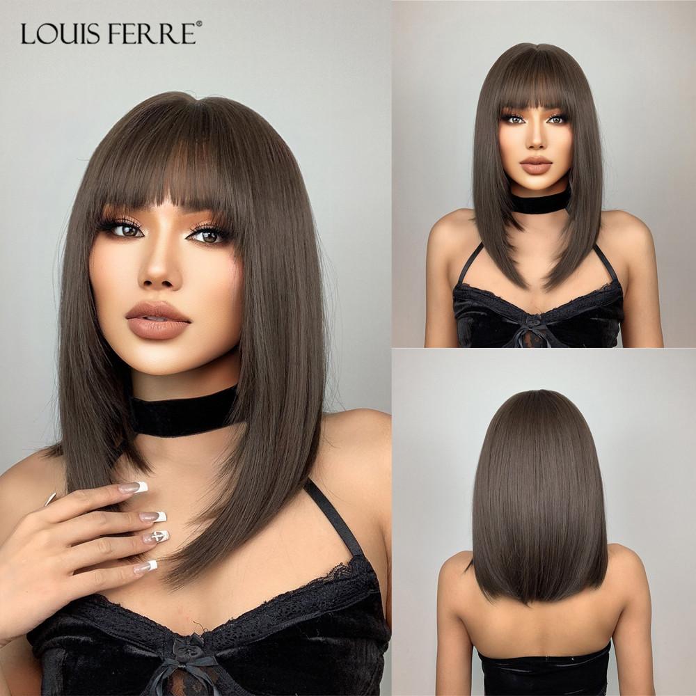 LOUIS FERRE Short Ash Brown Hair Wig for Women Synthetic Ombre Brown Straight Wigs With Bangs Shoulder Length Brown Natural Hair