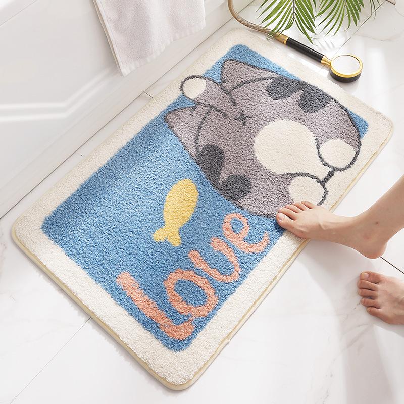 Cartoon Flocked Bath Mat Cute Animal Super Fiber Thickened Plush Bathroom Carpet Water-absorbent Anti-slip Bath Rug