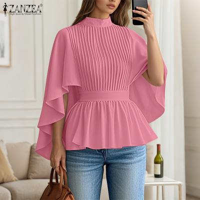Damen Casual Rundhals Locker 3/4 Ärmel Cape Form Bluse