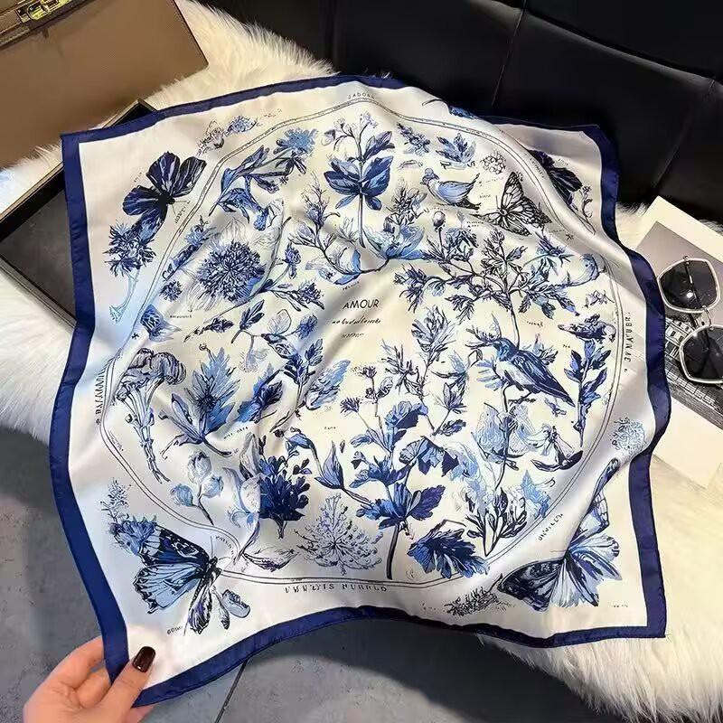 70x70cm Lightweight Cotton Silk Square Scarf With Boho Floral Print Breathable Neck Wrap Women