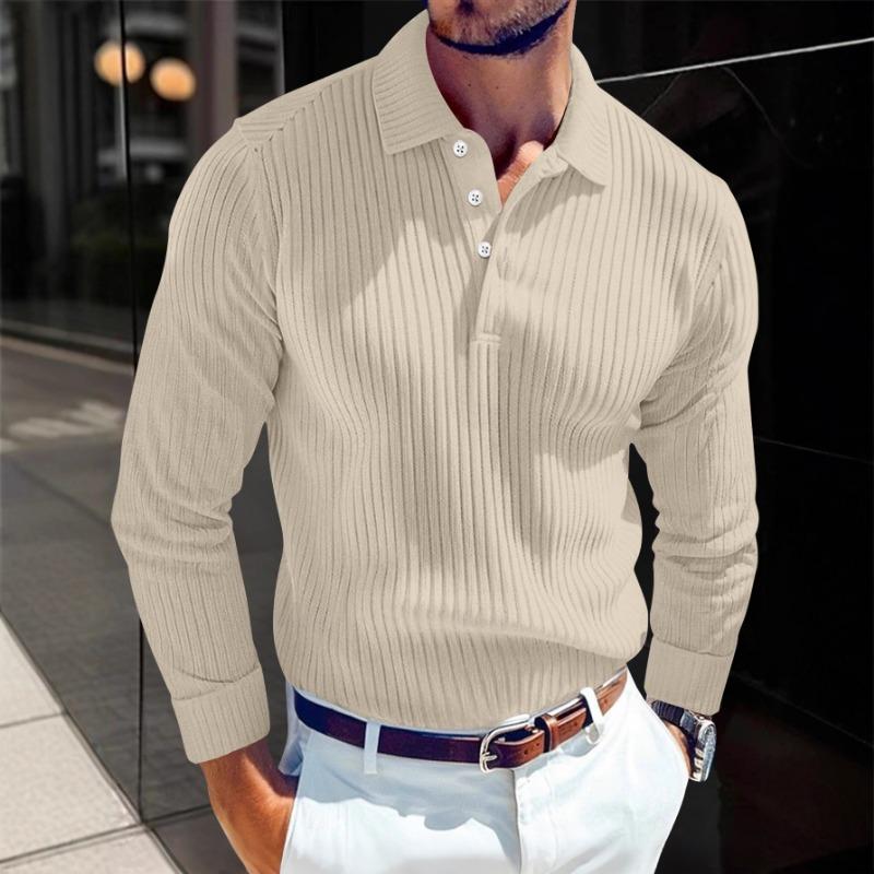 2025 New Men's T-shirt Knitted Lapel Business Button Slim Long-sleeved Polo Shirt