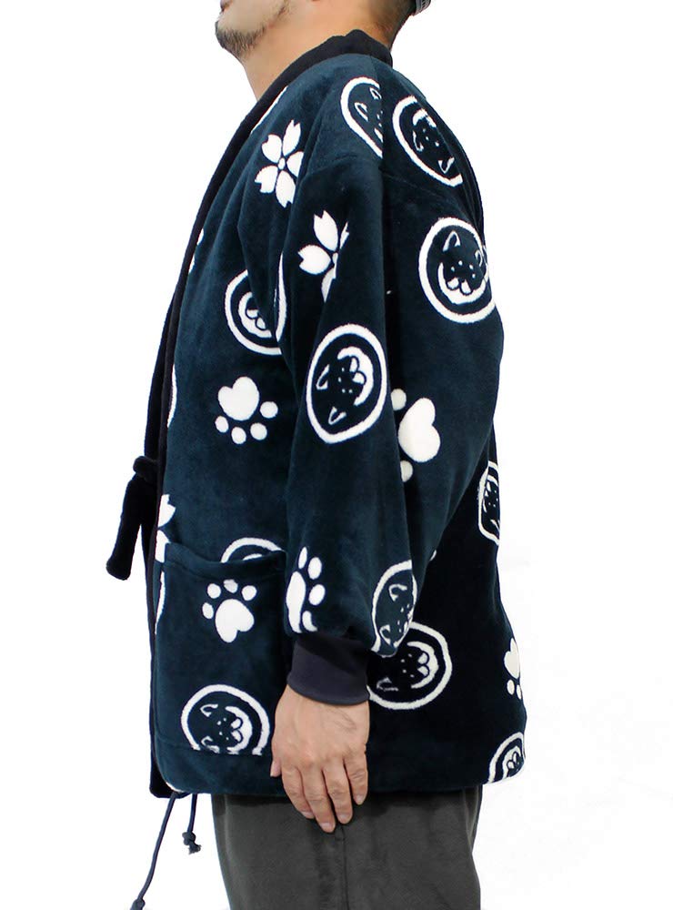 Wankodo Men's Warm Hanten Jacket, Large Size, Boa Fabric, Arabesque Print, Shiba Inu, Kyoto-Originated Mascot, Wankodo Chanchanko, Size LL, Navy