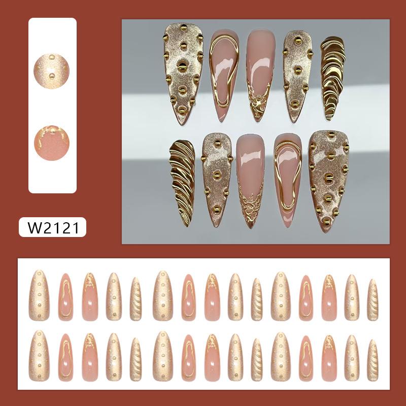 Three-dimensional cat s eye molten gold sunset reverie French ins wind removable manicure 30 pieces press on nails