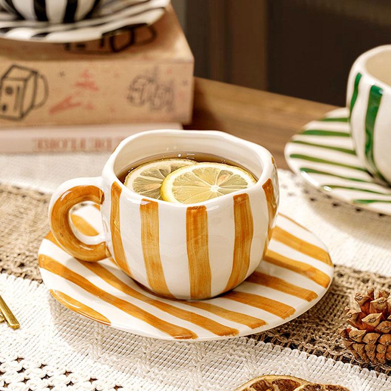 360 Ml Ceramic Coffee Mug with Saucers Handmade Stripes Mugs for Girl Women Tea Milk Cup with Handle Latte Cocoa Office Home