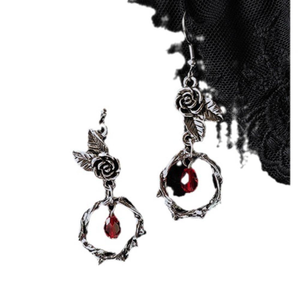 Retro Gothic Ancient Thorny Vine Leaf Rose Flower Red Crystal Dangle Earrings for Women Hallowmas Fashion Jewelry Accessories