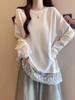 Women's Plus Size Lace Patchwork Long-Sleeve White T-Shirt - Loose Fit Autumn/Winter Base Layer Top