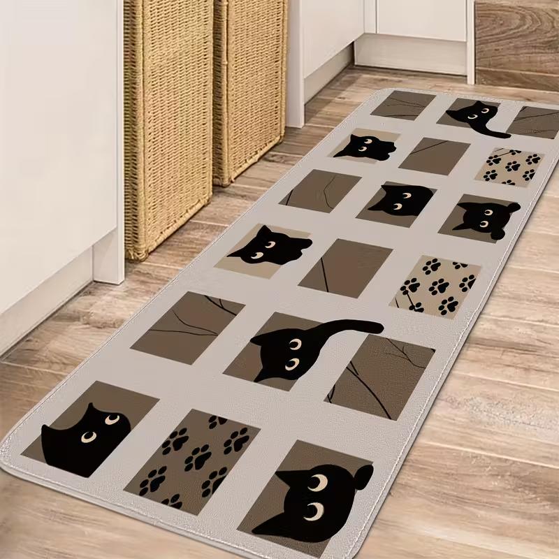1/2pc Cartoon Cat Check Print Floor Mat, Non-Slip And Dirt-Proof, For Hallway, Kitchen, Bathroom, Home Decoration Carpet