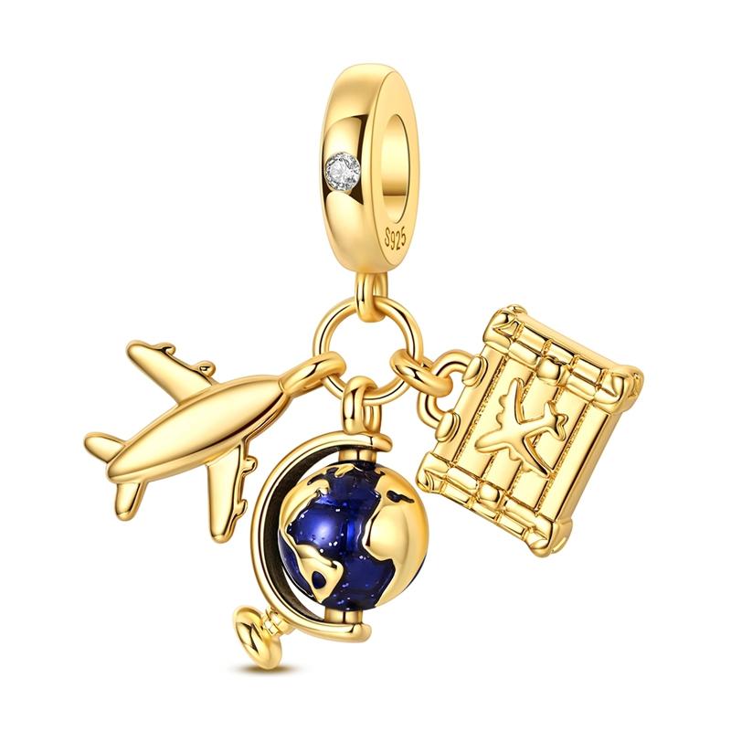 Original 925 Sterling Silver Charm Bead Golden Airplane Travel Globe Pendant Fit Original Bracelet For Women DIY Jewelry Gift