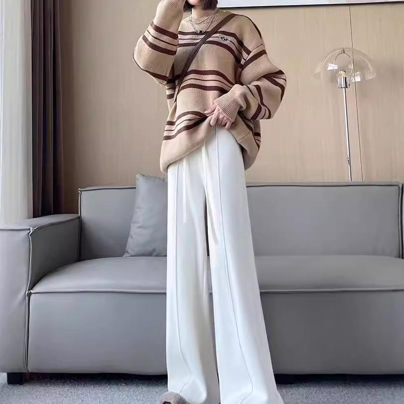 Pit strip knitted wide-leg pants women's autumn and winter new thin casual straight-leg pants drape long pants