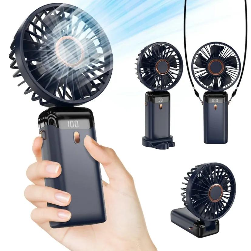 Mini Foldable Hand Fan Handheld Portable Fan with USB Rechargeable Battery Desk Outdoor Neck Hanging 5 Speed Fan