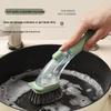 Long-Handled Dishwashing Brush with Automatic Liquid Dispensing and Steel Wire Bristles for Pot and Pet Cleaning.