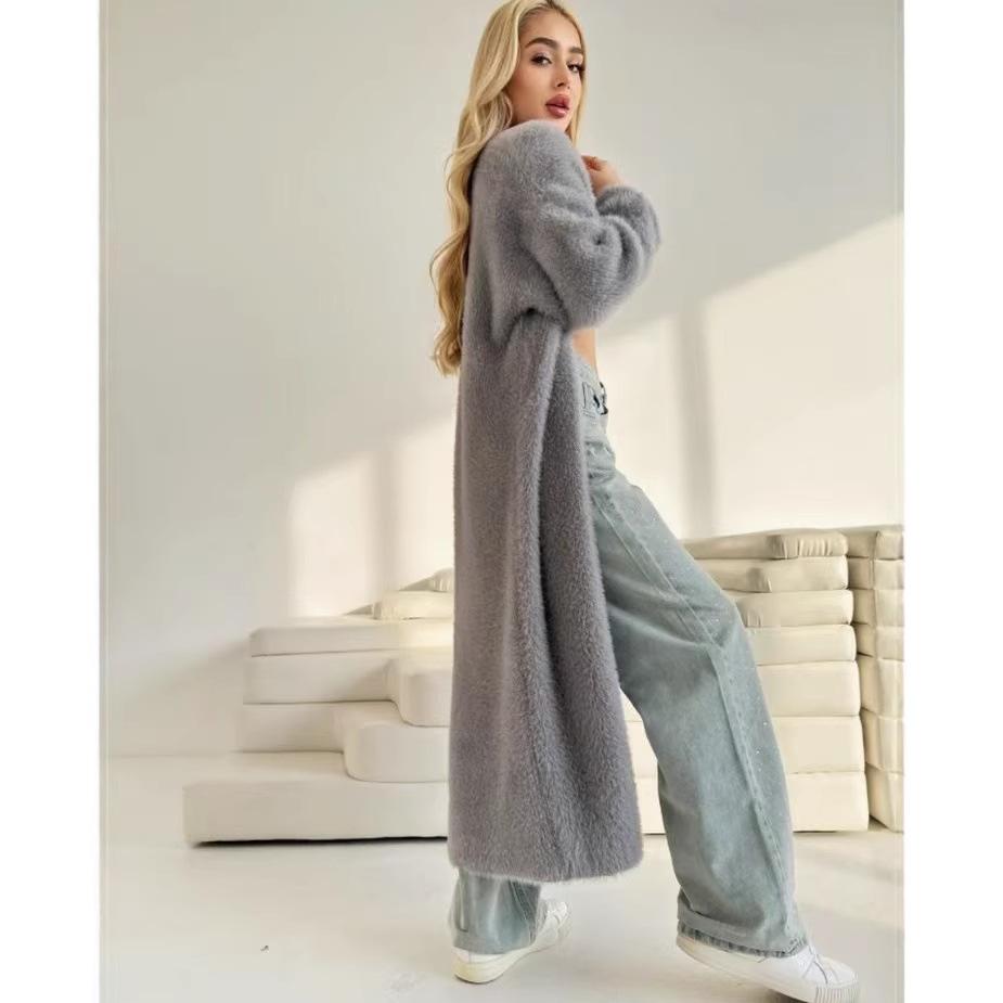 White Mink Velvet Loose Knit Cardigan Sweater - Women's Solid Color Spring & Autumn Outerwear