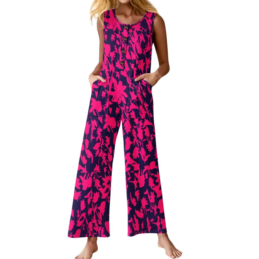 Women's Fashion Casual Button Sleeveless Jumpsuit Floral Flower Print Cotton Pocket Jumpsuit