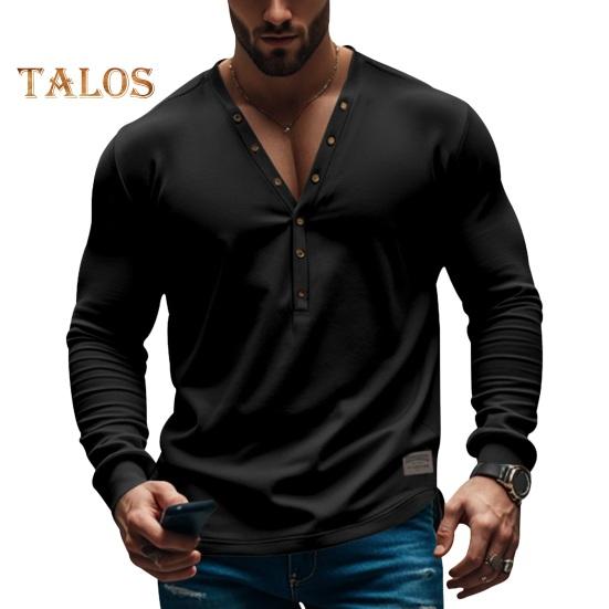 Men Spring Autumn Top Button Decor V Neck Long Sleeves Solid Color Pullover T-shirt Stretchy Slim Fit Fitness Sport Top