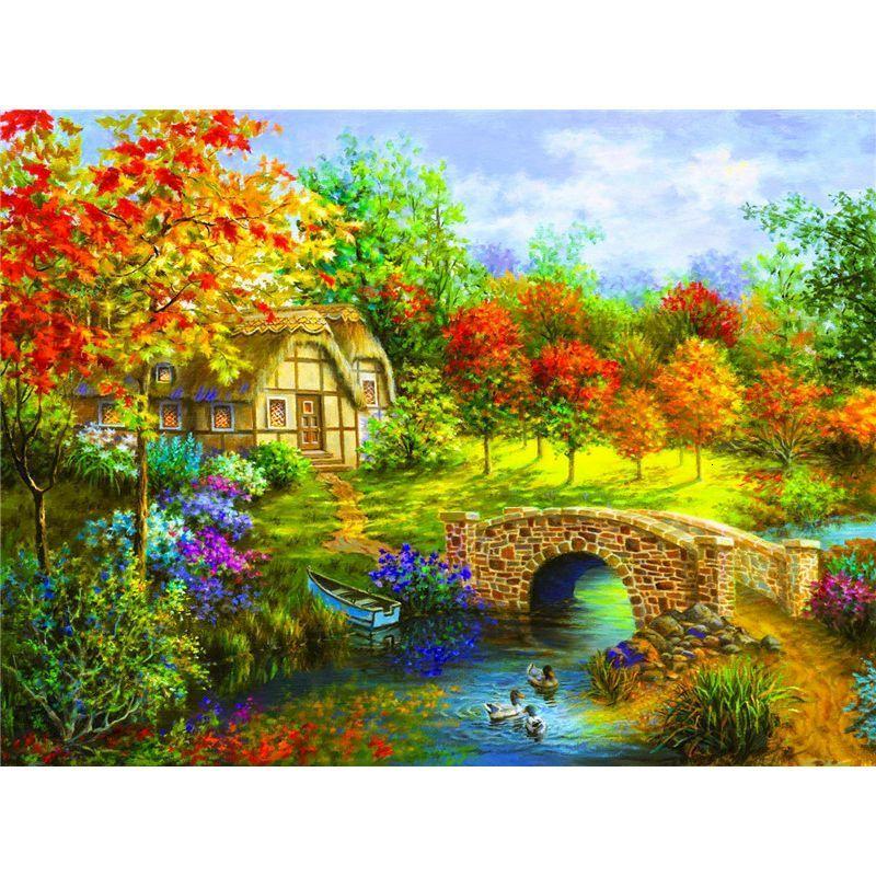 5D DIY Diamond Painting Landscape Full Round Diamond Embroidery Mosaic House Spring Decorations