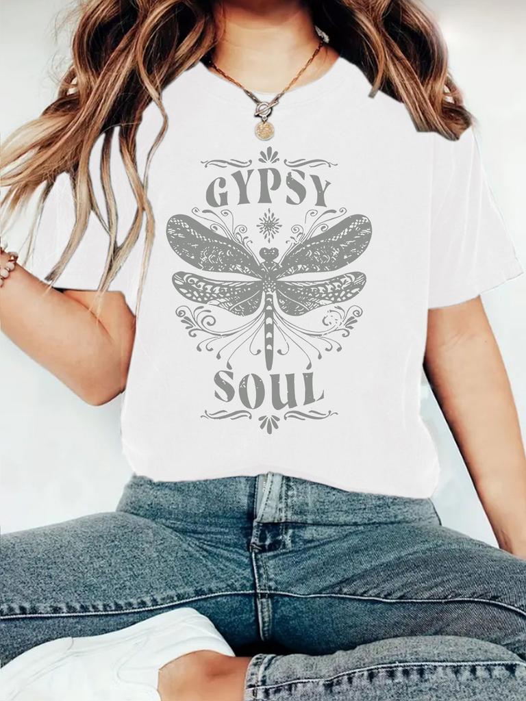 Women's New Cute Printed Short Sleeve Dragonfly Printed Round Neck Loose Short Sleeve