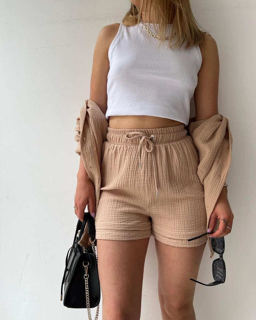 2024 Autumn Women's Two-Piece Set: Wrinkled Long Sleeve Shirt & High Waist Drawstring Shorts
