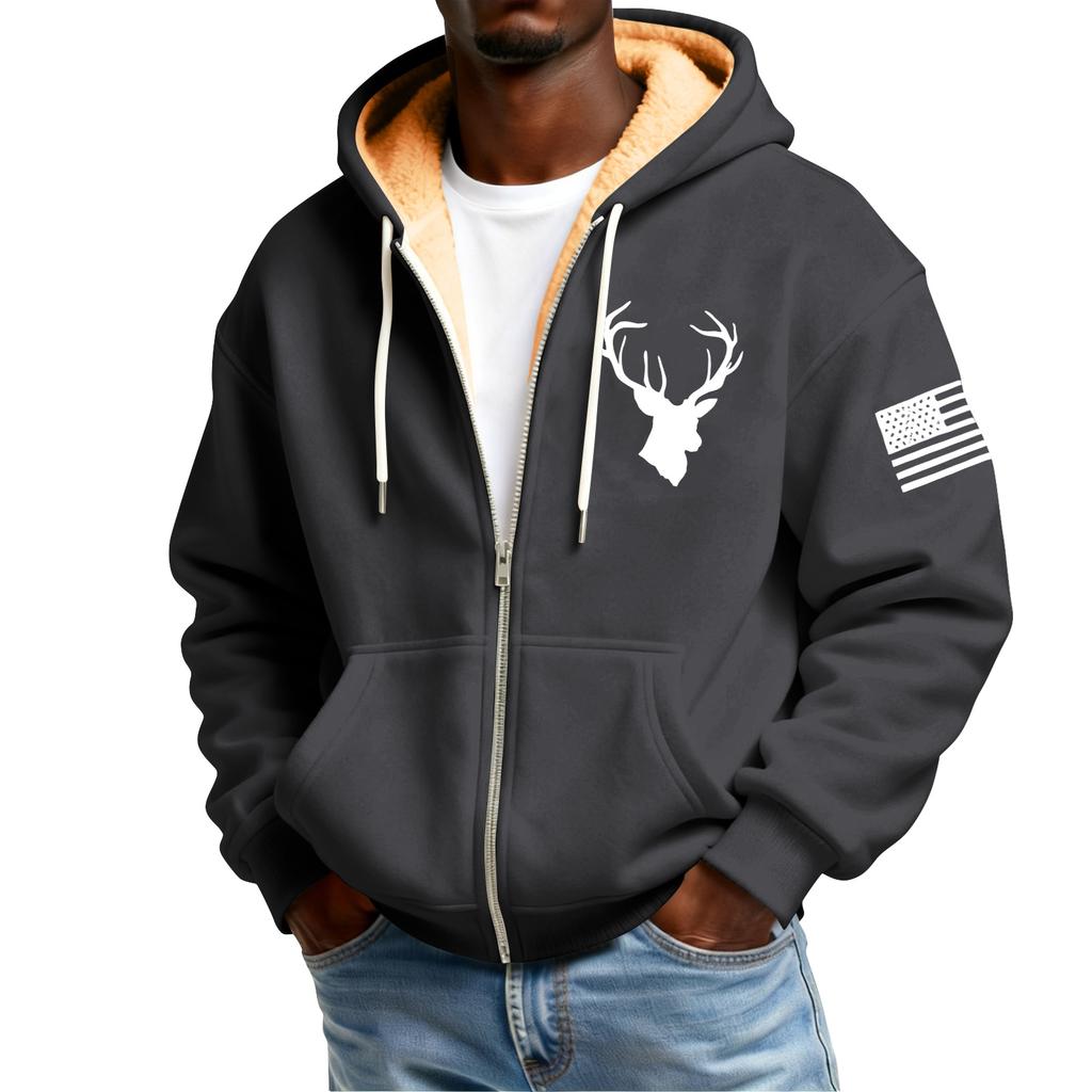 Men's Print Fleece-Lined Zip-Up Pocket Hooded Sweatshirt Cardigan Men's Casual Sweatshirt Cardigan