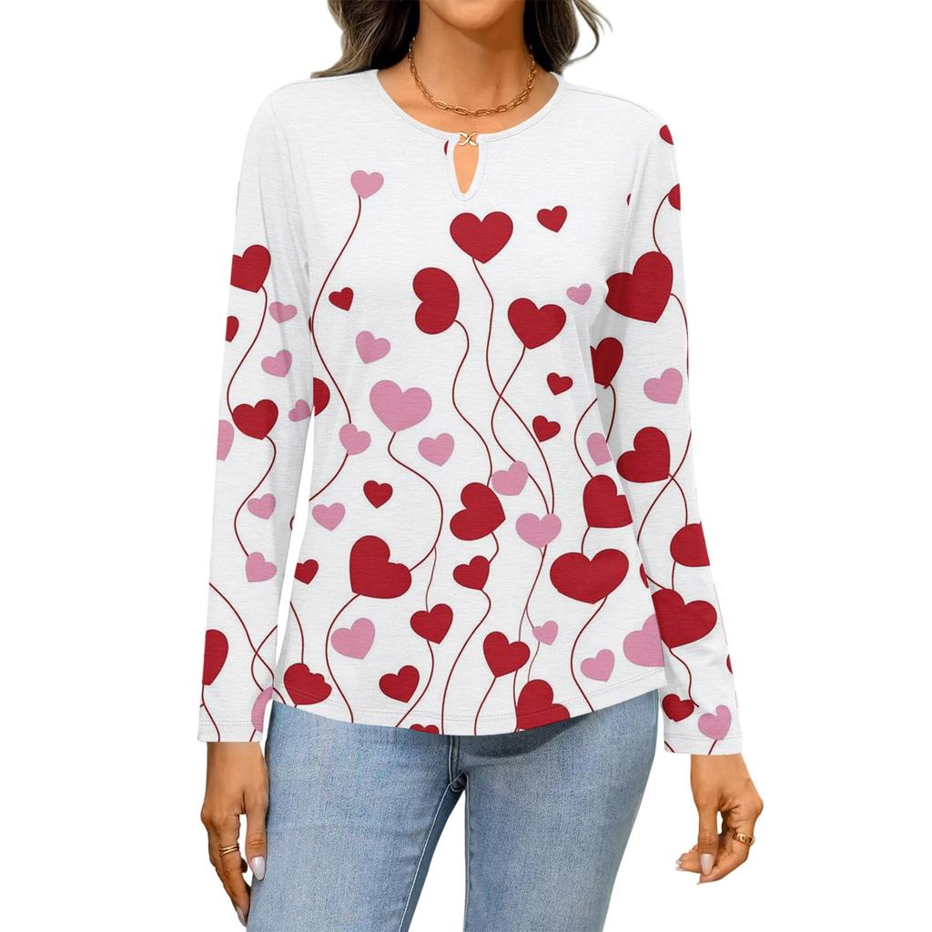 Women's Casual Round Neck Hollow,out Pullover Long Sleeve Valentine's Day Heart Print T,shirt Top