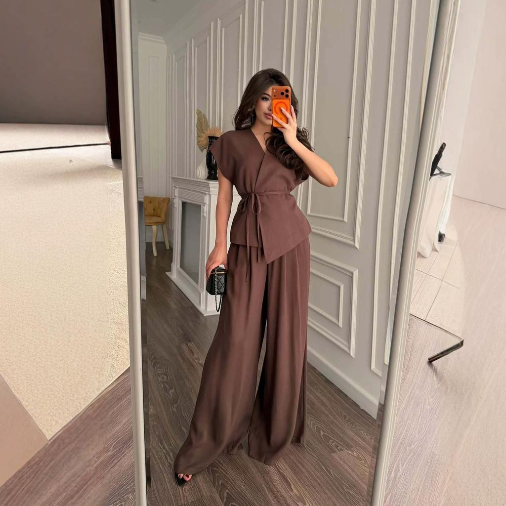 European and American Amazon Women's New V-Neck Short Sleeve Thin Belt Waist Cardigan High Waist Wide Leg Pants Casual Suit