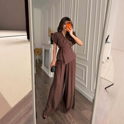 European and American Amazon Women's New V-Neck Short Sleeve Thin Belt Waist Cardigan High Waist Wide Leg Pants Casual Suit