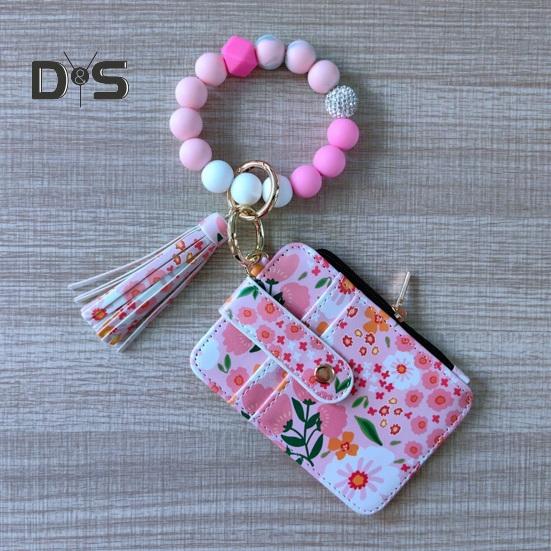 Damen-Geldbörse mit Blumenmuster, Boho-Stil, Münzbörse, Schlüsselanhänger mit Quaste, elastischer Armband-Geldbörse mit Perlen und Sichtfenster für Ausweise, zum Einkaufen, Reisen, Alltag