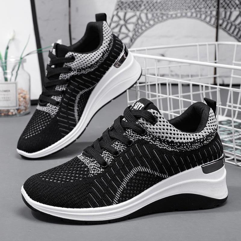 Shoes women's casual shoes versatile women's shoes thick-soled heightening single shoes shallow mouth flying woven shoes breathable mesh shoes