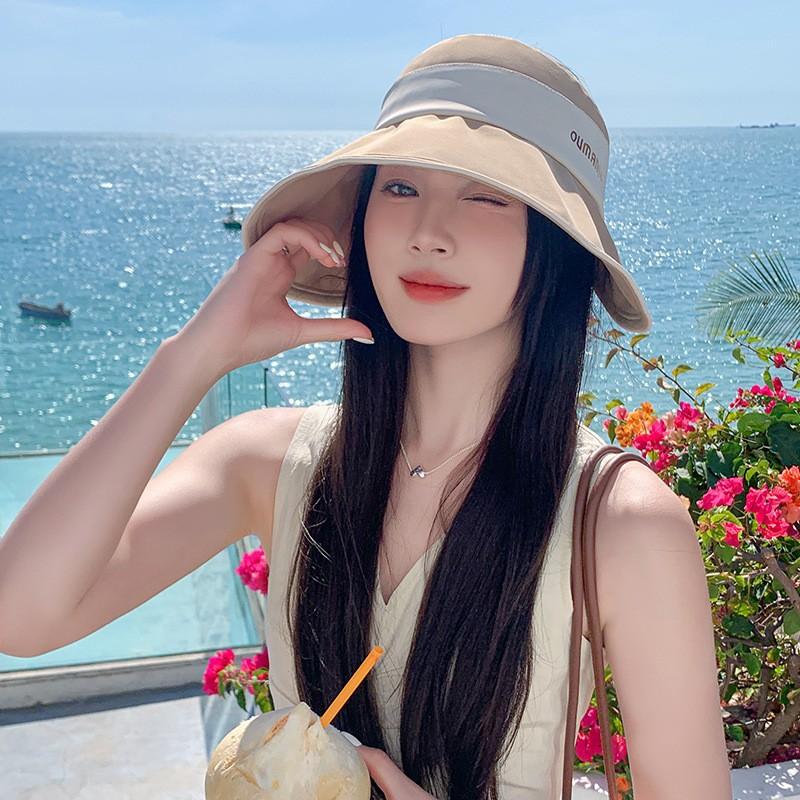Empty top ice silk bucket hat women's summer eaves UV protection face cover sun hat versatile ponytail basin hat
