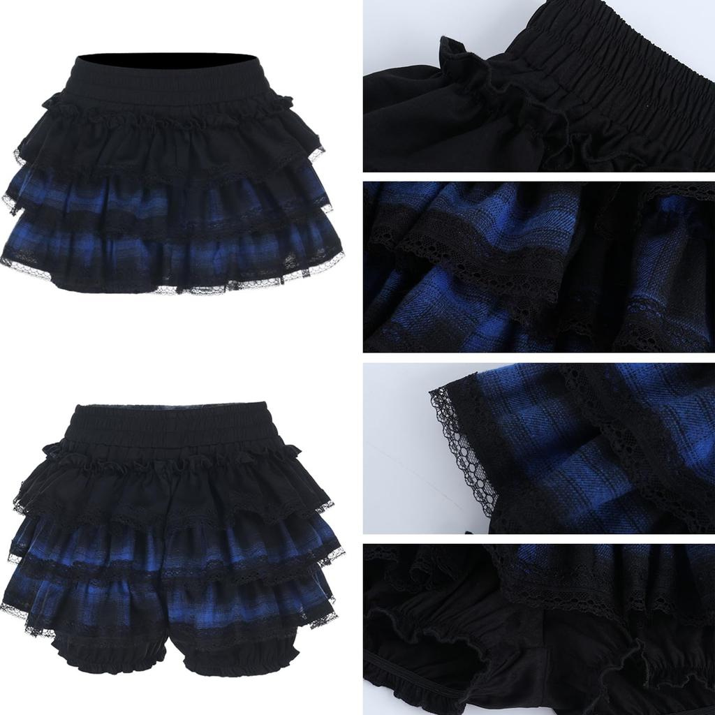 Sivrusn Gothic Lolita Black and Blue Halloween Idol Mini Harajuku Sweet Mori Princess JSK Fancy Stage Live M Dress, Check, Cosplay, Costume,