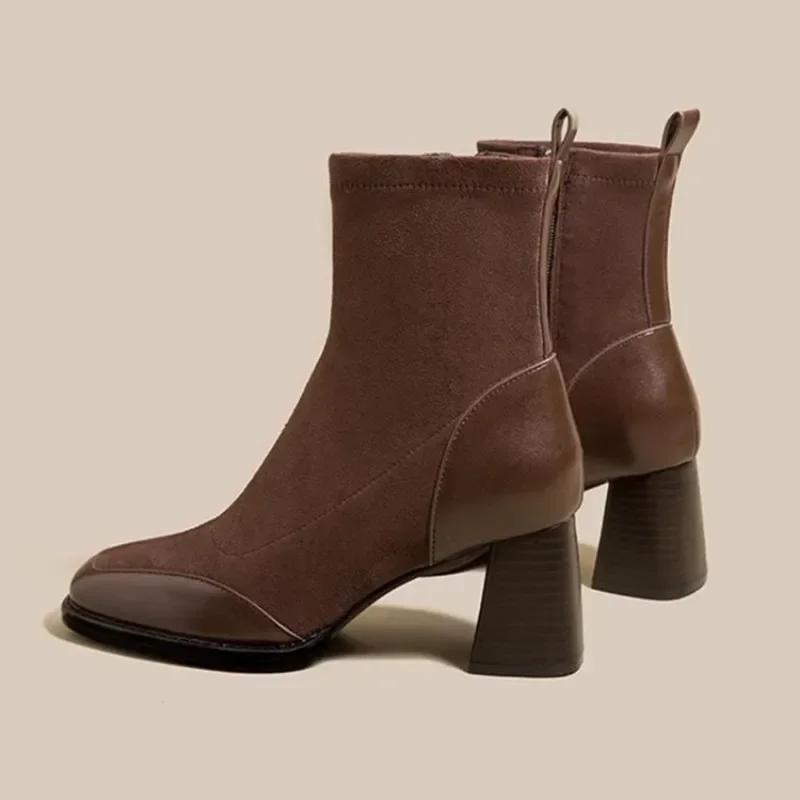 Fashion Women's Boots Square Toe Solid Shoes for Women Trend Outdoor Short Tube Boots Square Heel Zippered High Heels Zapatos De Mujer