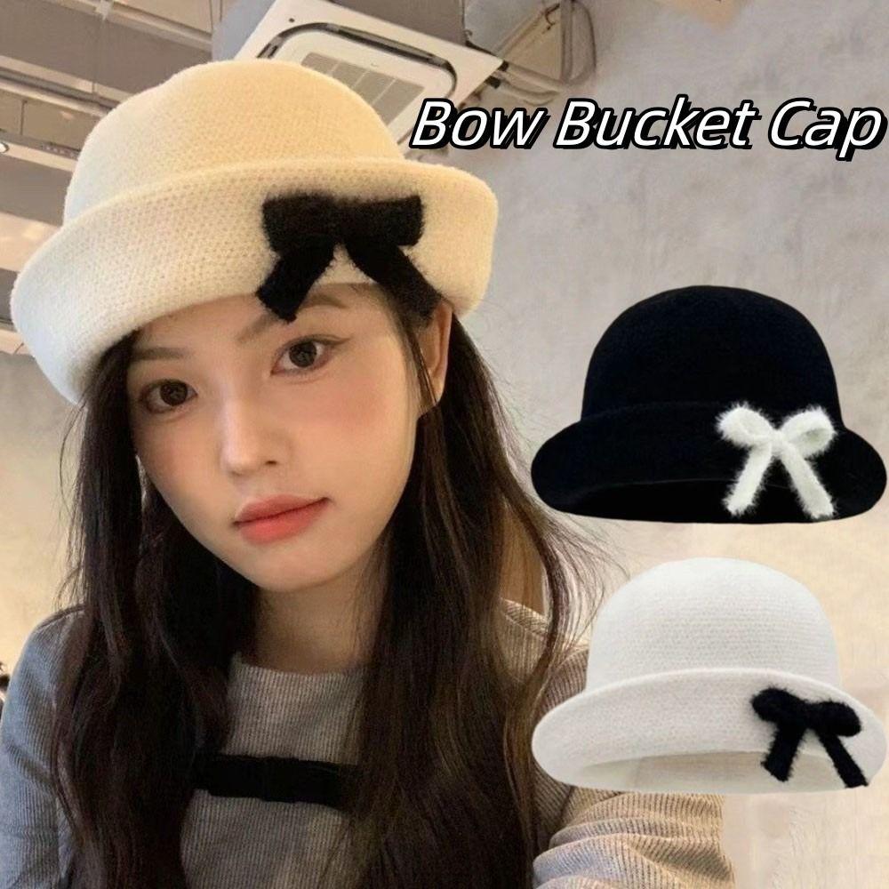 Korean Style Woolen Fishing Cap Knit Women Bucket Hat Fashion Bow Bucket Cap Spring Summer