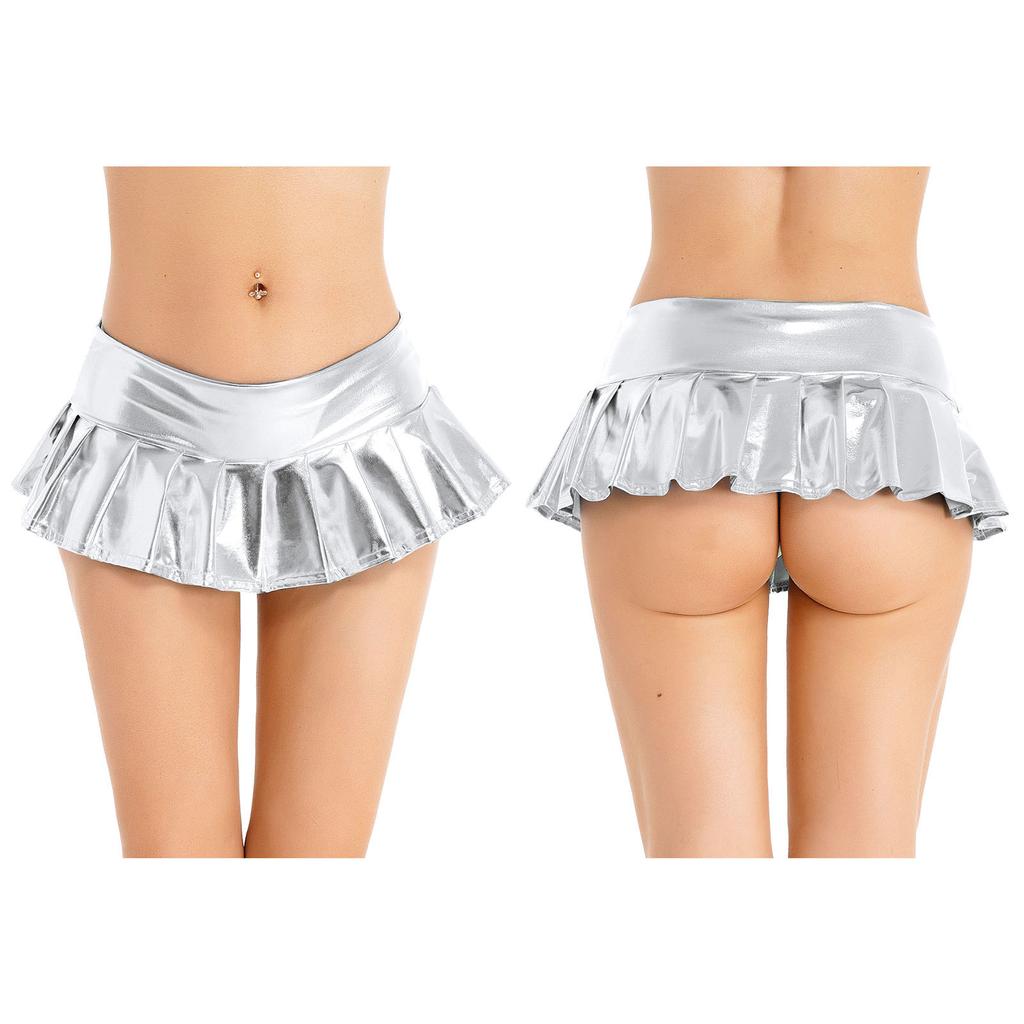 Womens Metallic Shiny Pleated Miniskirt Low Rise Skirt Nightclub Dance Performance Costume