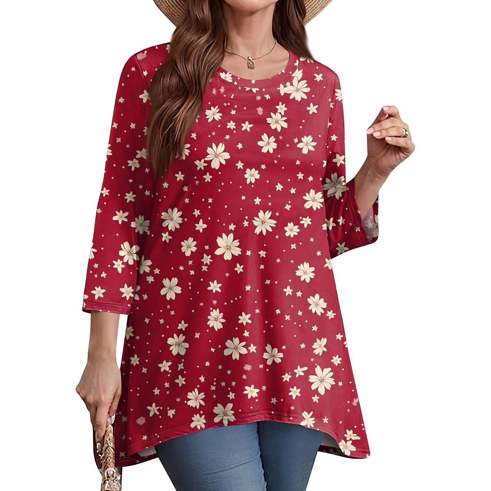 

Women s Fashion Casual O-Neck 3/4 Sleeve Loose Printed T-Shirt Ladies Top L червоний