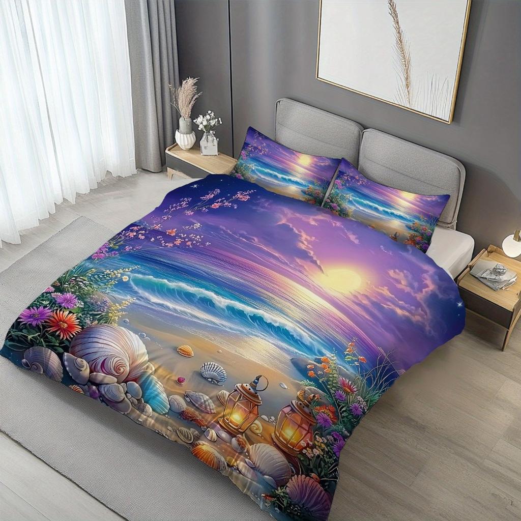 3pcs Purple Sky Seaside Beach Shell 3D Print Bedding Set Cozy Duvet Cover King Queen Twin Size Birthday Gift Bedroom Decoration