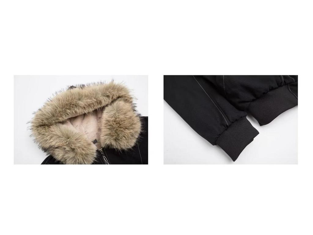 Unisex Retro Patchwork Pelzkragen Kapuzen Baumwolljacke – Winterdesign, Kurzmantel mit Fleecefutter.