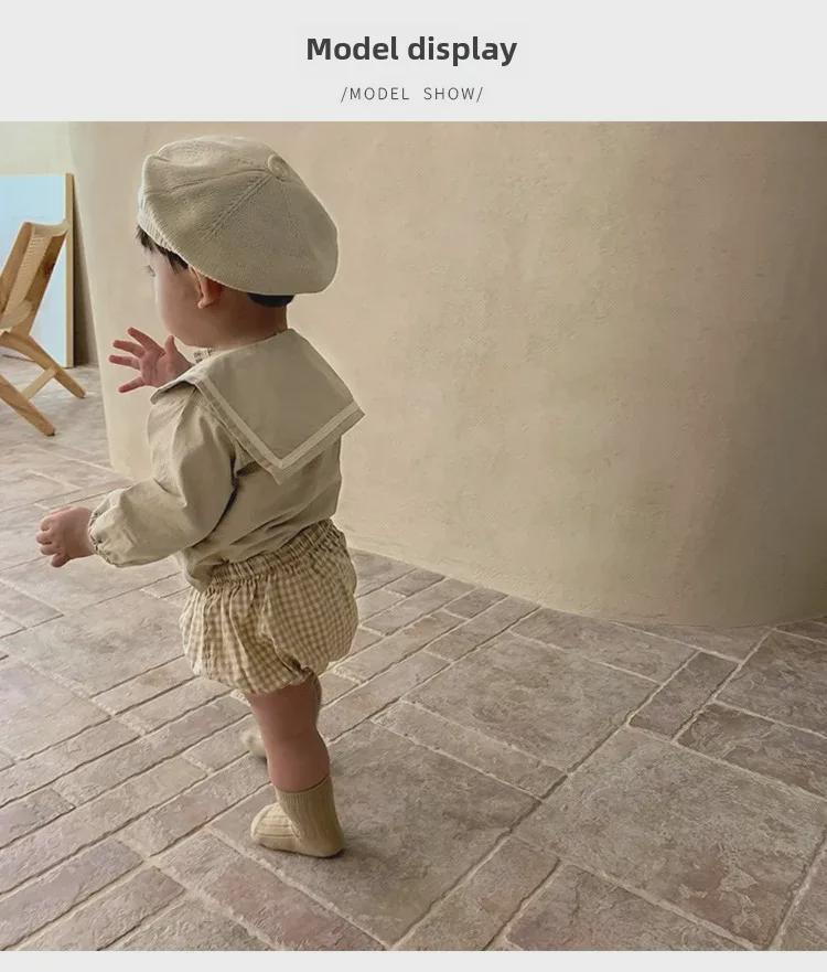 2024 Autumn Korean Navy Plaid Top & Shorts Set for Boys and Girls