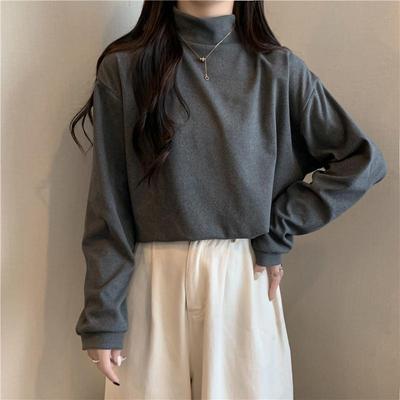 European & American Style Women's Velvet Bottoming Shirt - Autumn/Winter, Thick, Loose Half-High Collar, Long-Sleeved, Warm Plus Velvet T-shirt