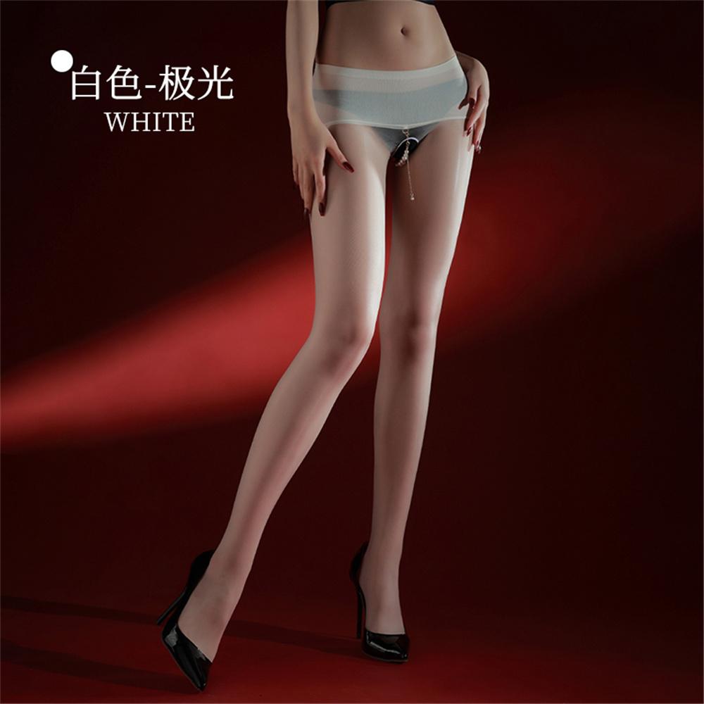 Sexy Women Pearl Chain Open Crotch Pantyhose Thin Sheer Oil Shiny Elastic Low Waist Maid Tights Stockings Exotic Lingerie