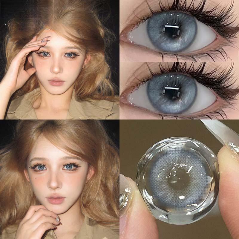 MillCreek Doll Eye 2PCS Contact Lens Soft Color Contacts Graded with Solution  Blue Gray 14.2MM Eye Yearly Use
