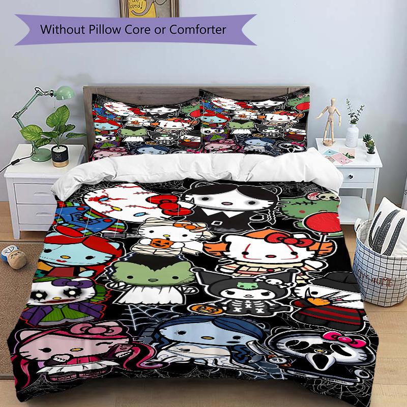 3pcs Halloween Compilation Hello Kitty Bedding Set Includes 1 Quilt Cover and 2 Pillowcases, Comfortable Bedding with Stylish Design for Bedroom S025