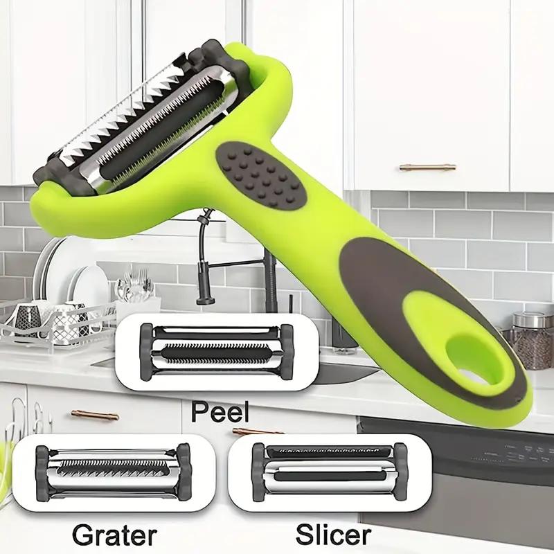 3-in-1 Stainless Steel Julienne Peeler with Ergonomic Rubber Handle - Multifunctional Vegetable & Fruit Cutter, Shredder, and Rotary Blade