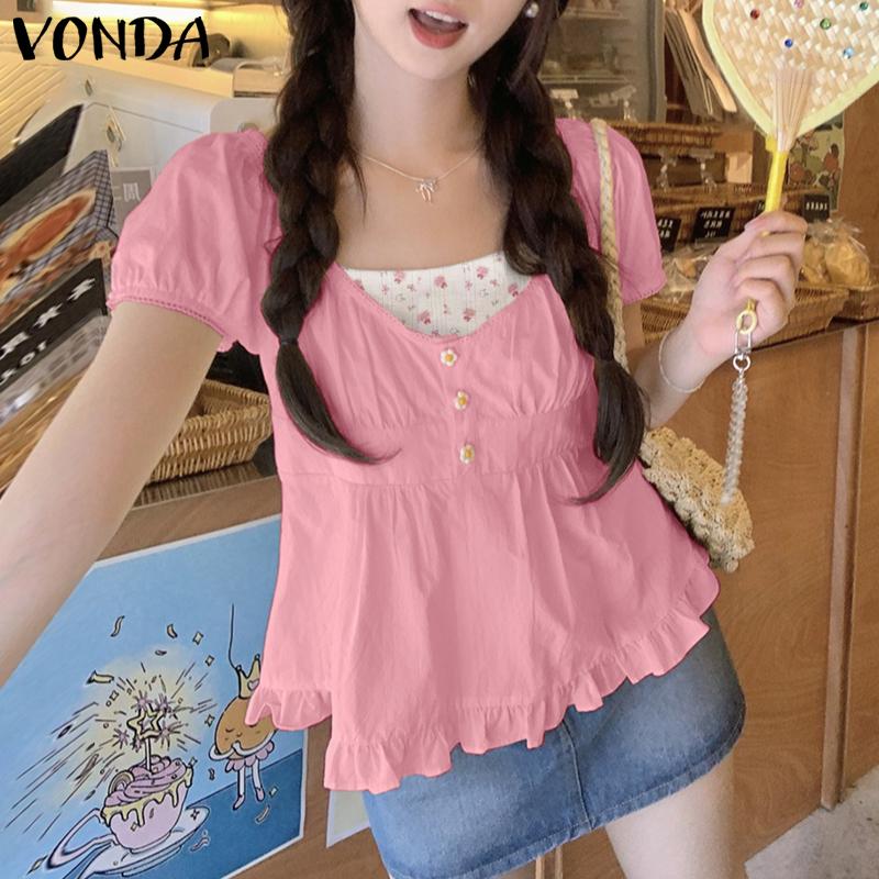 

VONDA Women Summer Puff Sleeve Crochet Hem Patchwork Ruffled Casual Blouse XL