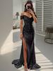 European and American women's clothing new one-word neck tube top skirt with big swing split ends sexy fashion dress sequined evening dress
