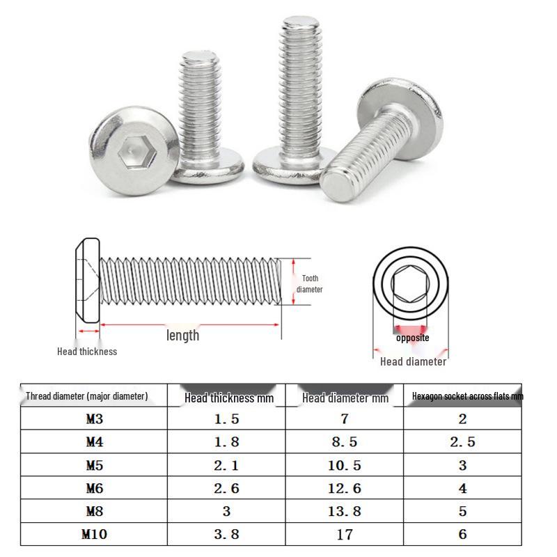 304 Stainless Steel Flat Round Head Beveled Edge Inner Hexagon Countersunk Bolt (M2-M12)